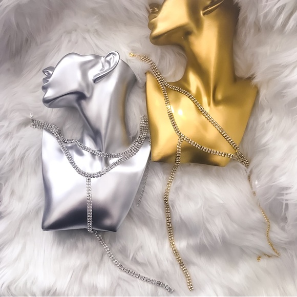 ⚜️[𝟯/$𝟯𝟴]⚜️NEW 2 Layered Long Drop Rhinestone Necklace - Picture 4 of 14